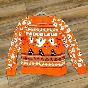Halloween FABOOLOUS orange ghost, bats and haunted house sweatshirt size LG